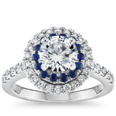 14k 白金蓝宝石与钻石双光环订婚戒指（1/2 克拉总重量）
